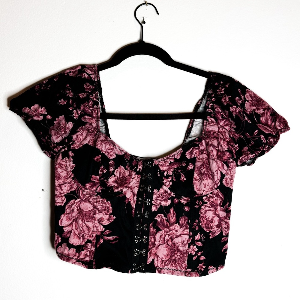 Puff Sleeve Corset style Crop Top - pink and black flower print